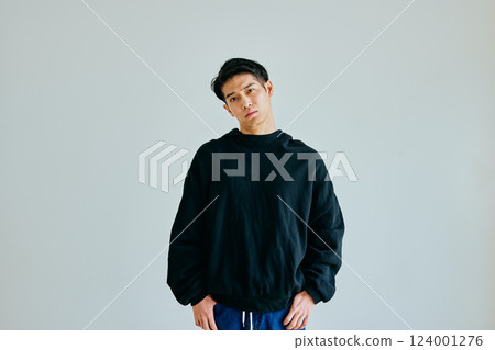 A young man in his 20s tilting his head A young man in his 20s tilting his head 124001276