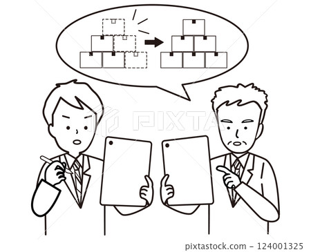 Two men discussing inventory management using a tablet 124001325