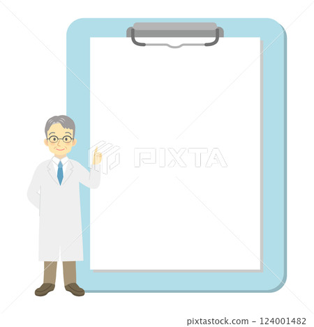 Frame of medical records with copy space pointed to by an elderly male doctor (light blue, mental, internal medicine, surgery, skin) 124001482