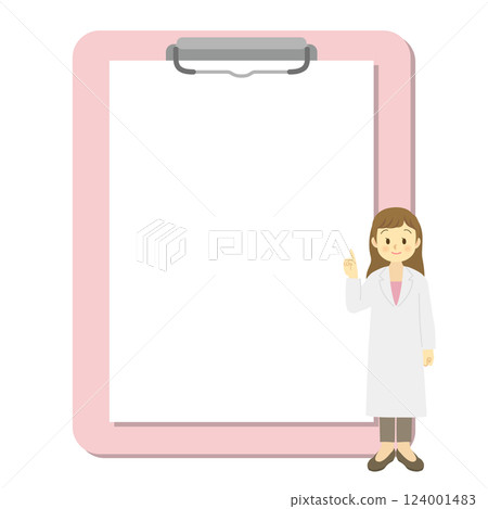 A frame of a medical record with copy space pointed by a young female doctor (pink, obstetrics and gynecology, psychiatry, cosmetic dermatology) 124001483