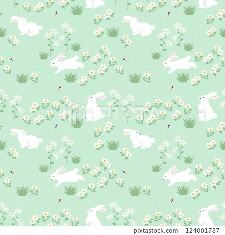 Easter seamless repeat pattern with cute rabbits and daisy flowers on green grass 124001787