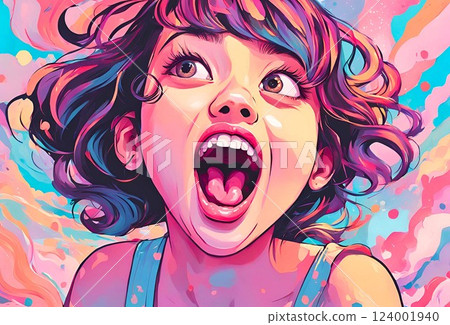 A girl with her mouth wide open in colorful colors 124001940