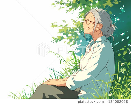坐在鮮草中，溫柔微笑的老婦人 124002038