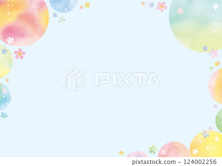 Cute light blue background with colorful watercolor circles and scattered cherry blossoms Cute light blue background with colorful watercolor circles and scattered cherry blossoms 124002256