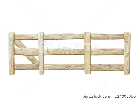 Wooden farm fence with gate watercolor illustration isolated on white background. Rustic countryside drawing of outdoor village decor. Old simple boundary Wooden farm fence with gate watercolor illustration isolated on white background. Rustic countryside drawing of outdoor village decor. Old simple boundary 124002390