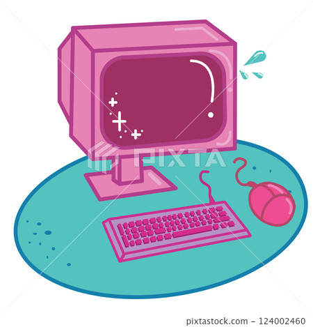 Retro computer. Pink monitor, computer mouse and keyboard on green oval pad in flat style. Vector illustration isolated on white background. 124002460