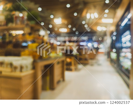 Abstract blurred supermarket aisle with colorful shelves and product consumer on shelf as background 124002537