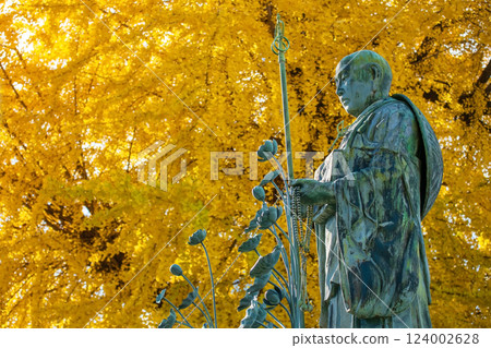 Kobo Daishi monk statue by Ginkgo leaves, Shitennoji Temple 124002628