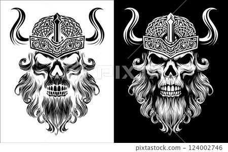 Viking Warrior Skull Man Mascot Face in Helmet Viking Warrior Skull Man Mascot Face in Helmet 124002746