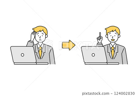 Vector illustration of a male office worker solving questions and worries on a computer Simple Salaryman Business person 124002830