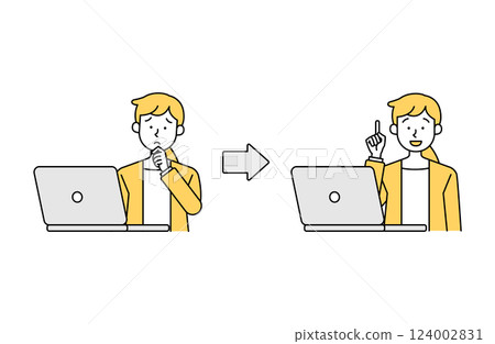 簡單的向量插圖，描繪一位女性辦公室職員/商務人士在電腦上工作時解決疑慮和憂慮 124002831