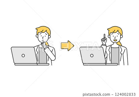 Simple vector illustration of a female doctor or professor solving questions and problems while working on a computer Simple vector illustration of a female doctor or professor solving questions and problems while working on a computer 124002833