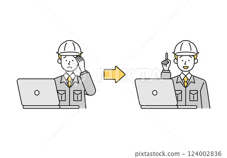一位男性員工在使用電腦時解決問題和煩惱的簡單向量圖示 一位男性員工在使用電腦時解決問題和煩惱的簡單向量圖示 124002836