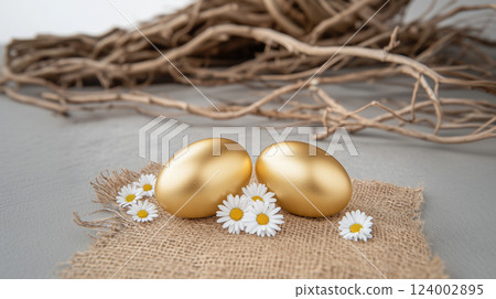 Two Shiny Gold Easter Eggs on Burlap with White Daisies 124002895