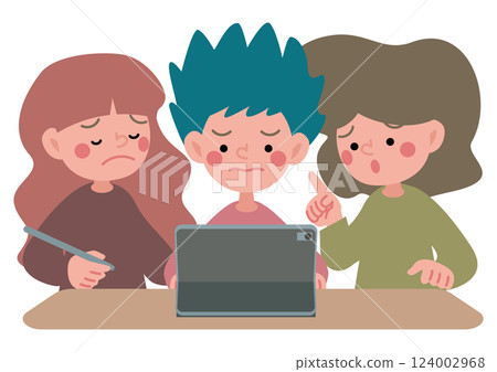 兒童在平板設備上進行小組工作的向量插圖 124002968