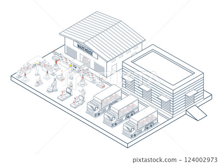 Smart warehouse automation with AGVs and AMRs, delivering global logistics solutions through integrated robotics and intelligent systems. 124002973