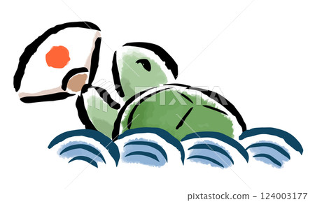 A turtle popping out of the waves and celebrating with a fan - hand-drawn illustration with a brush stroke A turtle popping out of the waves and celebrating with a fan - hand-drawn illustration with a brush stroke 124003177
