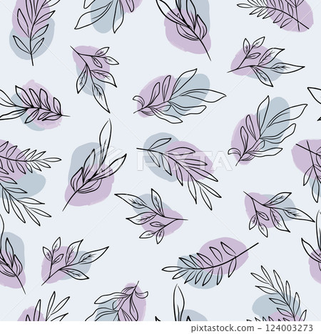 Violet floral seamless pattern , eucalyptus line art leaves for textile or wallpaper 124003273