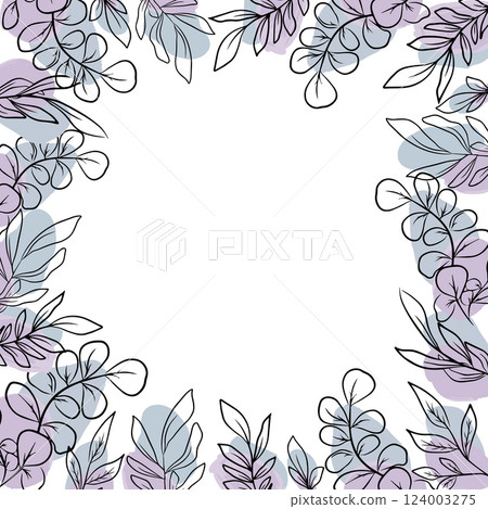 Violet floral frame for wedding or greeting card, hand drawn eucalyptus leaves Violet floral frame for wedding or greeting card, hand drawn eucalyptus leaves 124003275