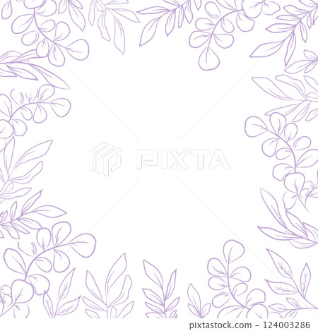 Violet pastel floral frame for wedding or greeting card, hand drawn eucalyptus leaves Violet pastel floral frame for wedding or greeting card, hand drawn eucalyptus leaves 124003286
