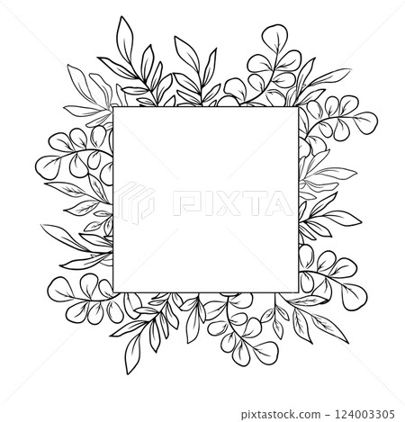 Black and white ink floral frame for wedding or greeting card, hand drawn eucalyptus leaves Black and white ink floral frame for wedding or greeting card, hand drawn eucalyptus leaves 124003305