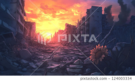 被摧毀的未來城市的幻想風景插圖 124003334