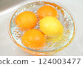 Lemon and orange floating in water 124003477