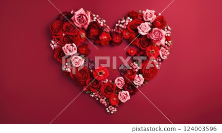 heart shape rose ranunculus buttercup frame red background, ai 124003596