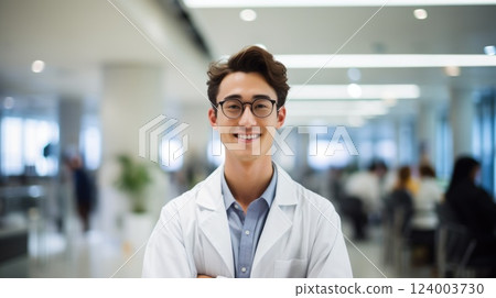 male doctor wearing labcoat standing and smiling 124003730