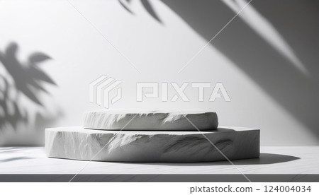 Gene3d rendering white stone podium platform for social media cosmetic product showcase on geometric cylinder shapes and white wall background with leave plant in natural sunlight and shadow 124004034