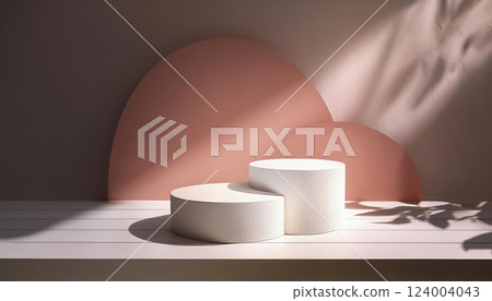 3d rendering white podium platform for social media cosmetic product showcase on pink geometric cylinder shapes and background in natural sunlight with leaf shadow 124004043