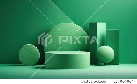 3d rendering green podium platform for social media cosmetic product showcase on geometric cylinder and rectangle shapes greenery background in studio. christmas  holiday 124004064