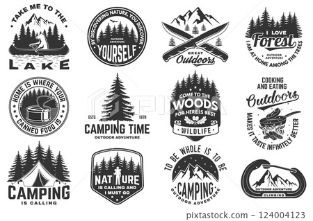 Set of logo, badge design with inspirational adventure quotes. Concept with oak leaf and acorns, pin forest, hiker, climber, matches stick, camping knives and mountain. Vector illustration. 124004123