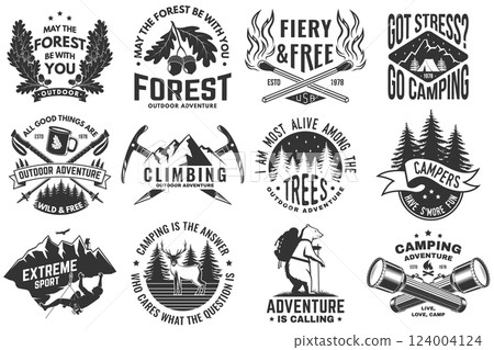 Set of logo, badge design with inspirational adventure quotes. Concept with oak leaf and acorns, pin forest, coffee or tea mug, hiker, climber, matches stick, camping flashlight and mountain. Vector. 124004124