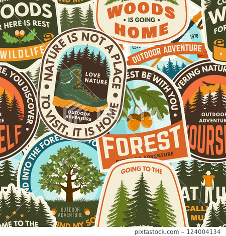 Seamless pattern with inspirational adventure quotes. Background, wallpaper, seamless pattern with oak leaf and acorns, pin forest, coffee or tea mug, hiking poles, deer. Vector illustration. Seamless pattern with inspirational adventure quotes. Background, wallpaper, seamless pattern with oak leaf and acorns, pin forest, coffee or tea mug, hiking poles, deer. Vector illustration. 124004134