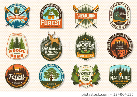 Set of logo, badge design with inspirational adventure quotes. Concept for shirt or logo, print, stamp or tee with oak leaf and acorns, pin forest, coffee or tea mug, hiking poles, deer. Vector 124004135