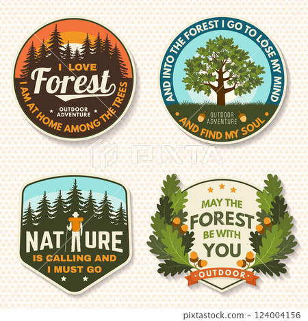 Set of logo, badge design with inspirational adventure quotes. Concept for shirt or logo, print, stamp or tee with oak leaf and acorns, pin forest, hiker, hiking poles. Vector illustration. 124004156