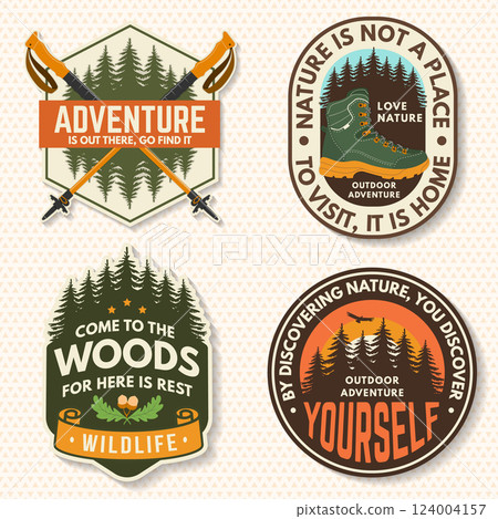 Set of logo, badge design with inspirational adventure quotes. Concept for shirt or logo, print, stamp or tee with oak leaf and acorns, hiking boot, pin forest, hiking poles. Vector illustration. Set of logo, badge design with inspirational adventure quotes. Concept for shirt or logo, print, stamp or tee with oak leaf and acorns, hiking boot, pin forest, hiking poles. Vector illustration. 124004157