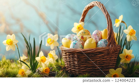basket with easter eggs and daffodils flowers, 124004225