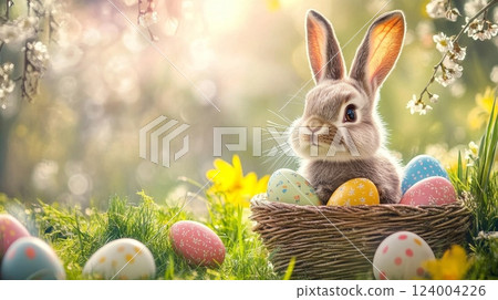 Cute Easter bunny with colorful eggs in nest over spring nature background. 124004226