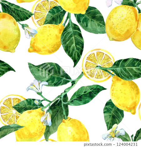 watercolor seamless pattern with lemon fruit branches on a white background 124004231