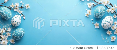 lue easter eggs and white cherry blossoms on bright blue background. Happy Easter concept. 124004232