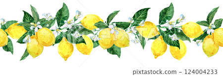 watercolor seamless pattern with lemon fruit branches on a white background 124004233