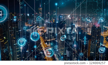 Smart City Network Digital Transformation with modern cityscape, urban technology, future vision, tech integration 124004257