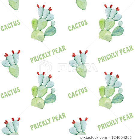 Prickly pear cactus seamless pattern hand drawn watercolor illustration. Opuntia cactus natural healthy desert succulent plant on white background seamless pattern 124004295
