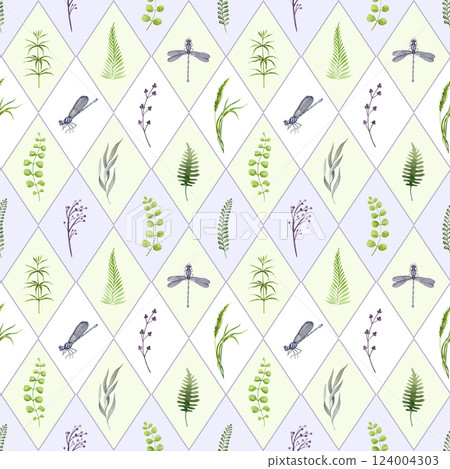 Meadow grasses and wild flowers summer mood seamless pattern tile watercolor hand drawn vintage style illustration. Wild plants, fern leaves, dragonflies floral elements elegant seamless pattern 124004303
