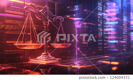 Law scales on background of data center. Digital law concept of duality of Judiciary, 124004331
