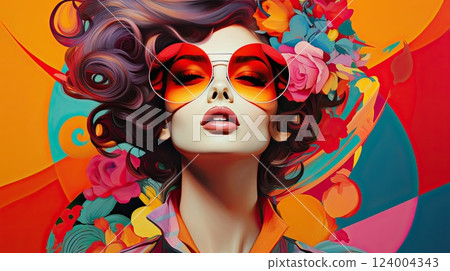 Pop art backgrounds, colorful, bright neon colors, collage of girl portrait and different elements 124004343