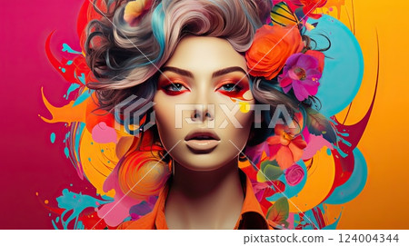 Pop art backgrounds, colorful, bright neon colors, collage of girl portrait and different elements 124004344