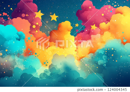 A stunning scene of vibrant, dreamy clouds adorned with sparkling stars in a beautifully colorful sky 124004345